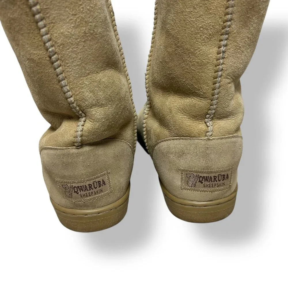 Qwaruba Genuine Sheepskin Mid Calf Boots Suede Outer Tan Brown (Ugg -like) Sz 8